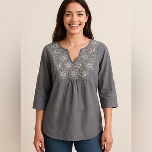 Boden England Gray Embroidered Chambray Tunic Top 3/4 Sleeve Women’s 16